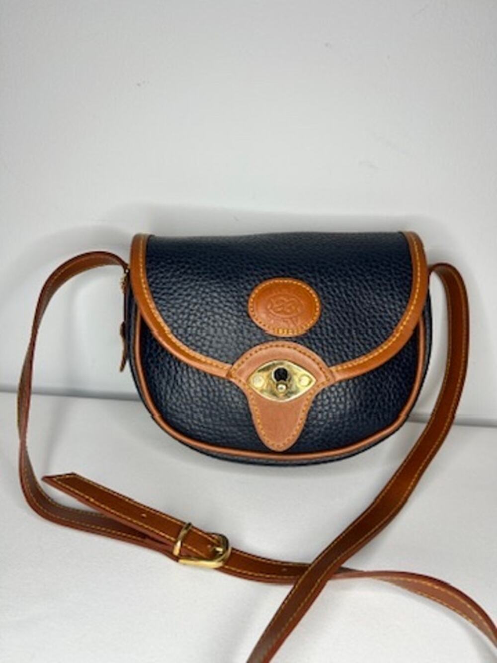 Vintage ALBA Leather Crossbody Saddle Bag Navy Tan Pebbled Leather Small Purse